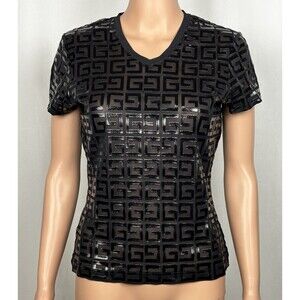 Vintage Y2K Guess USA Women’s Size Large Monogram Logo Sheer Top Black